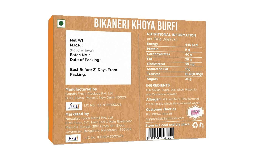 Delight Foods Bikaneri Khoya Burfi    Box  500 grams